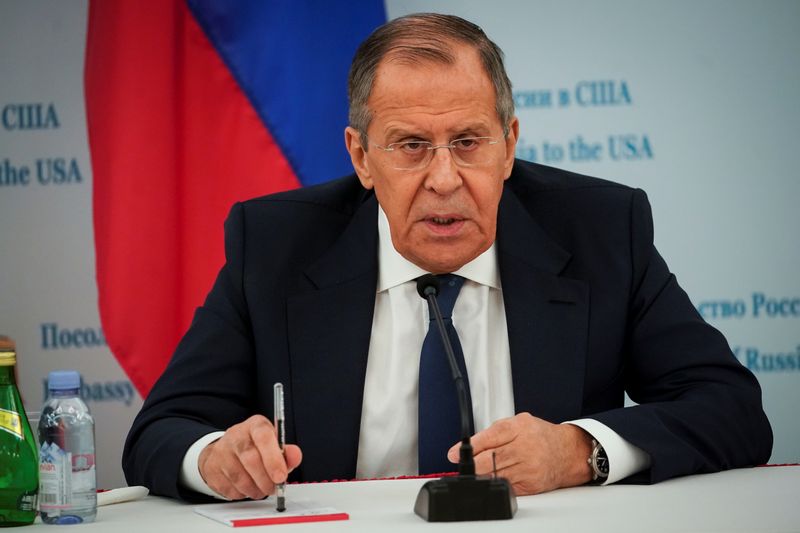FILE PHOTO: Russian Foreign Minister Sergei Lavrov speaks during a news conference at the Russian Embassy