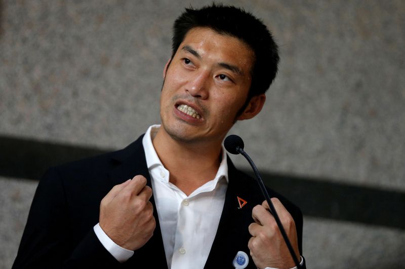 FILE PHOTO: File picture of Thanathorn Juangroongruangkit, leader of the Future Forward Party, speaking during a news conference in Bangkok
