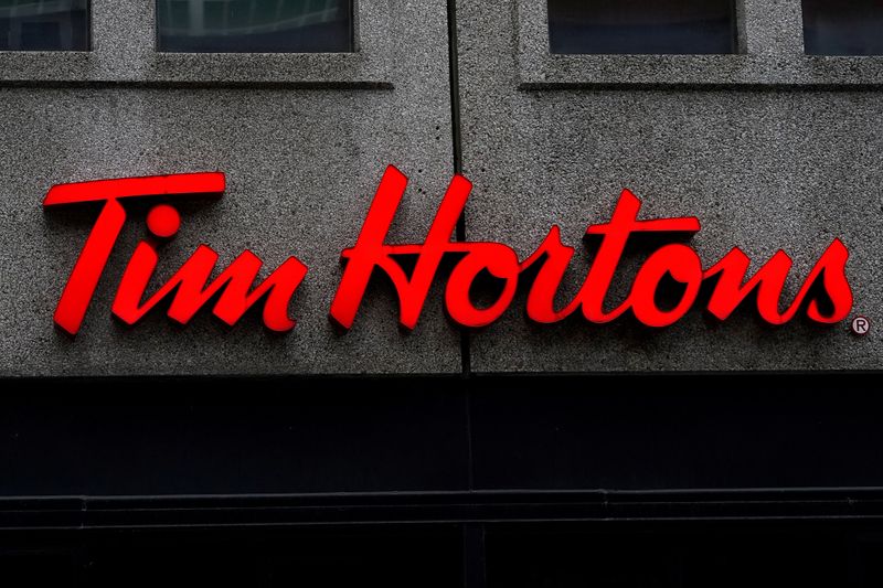 A Tim Hortons logo is pictured in Montreal, Quebec