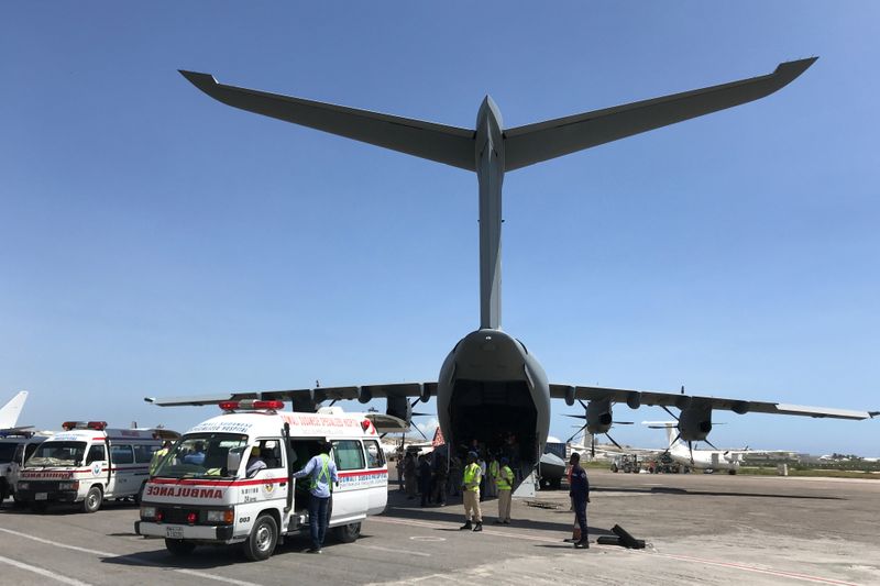 A Turkish military cargo plane prepares to evacuate victims of the car bomb explosion at the Afgoye junction, for specialised treatment, at the Aden Abdulle International Airport in Mogadishu