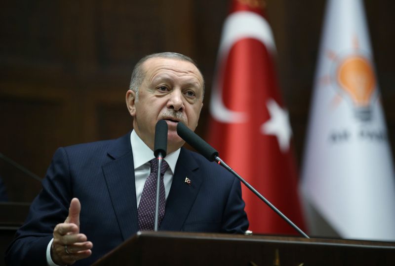 Turkish President Erdogan addresses lawmakers from his ruling AK Party during a meeting in Ankara