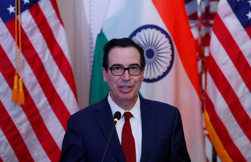 U.S. Treasury Secretary Steven Mnuchin speaks during a joint news conference with India's Finance Minister Nirmala Sitharaman in New Delhi