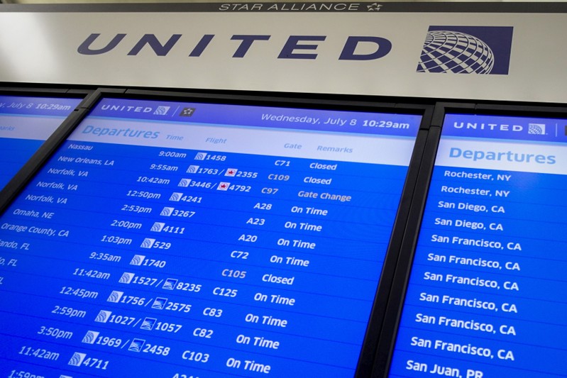The United Airlines timetable is pictured in Newark International Airport, New Jersey