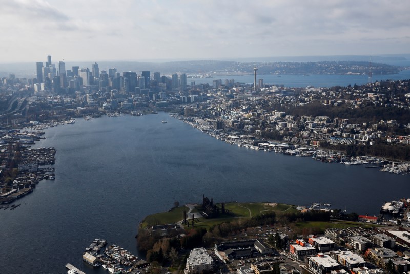 FILE PHOTO: An aerial photo looking south shows Gas Works Park and Lake Union with downtown Seattle in the distance in Seattle