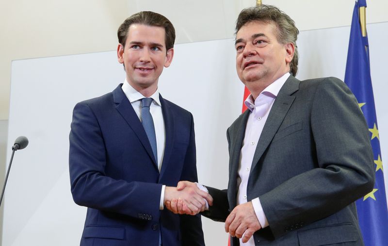 Leader of Austria's Green Party Werner Kogler and head of People's Party (OeVP) Sebastian Kurz shake hands after delivering a statement, in Vienna
