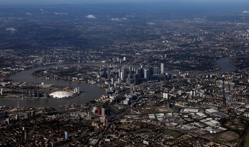 FILE PHOTO: The Canary Wharf financial district is seen from an aerial view in London