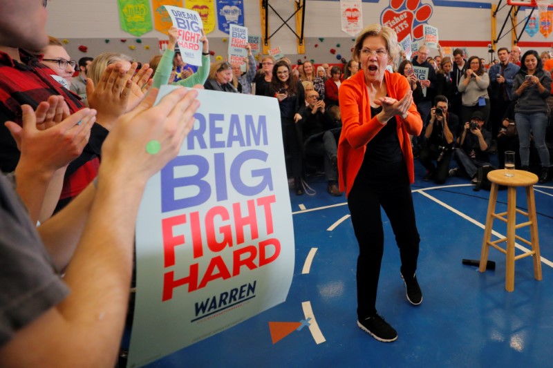 Democratic 2020 U.S. presidential candidate Warren reacts at the end of a campaign town hall meeting in Marshalltown