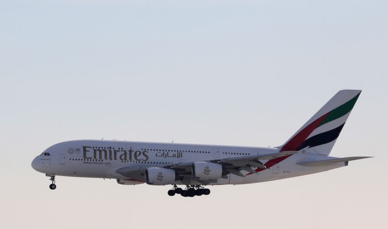 FILE PHOTO: An Emirates Airbus A380 airliner, prepares to land at Nice international airport