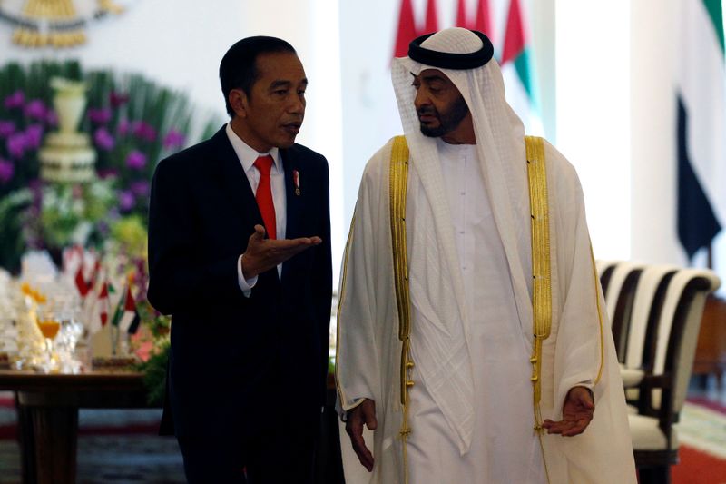 Indonesia's President Joko Widodo talks to Abu Dhabi's Crown Prince Sheikh Mohammed bin Zayed Al Nahyan during a meeting at the presidential palace in Bogor