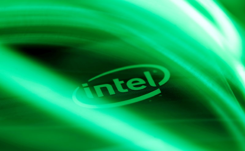 FILE PHOTO: Intel logo is seen behind LED lights in this illustration