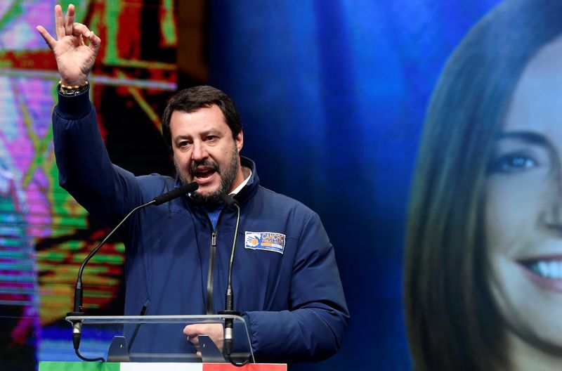 Leader of Italy's far-right League party Matteo Salvini speaks on stage during a rally ahead of a regional election in Emilia-Romagna, in Ravenna