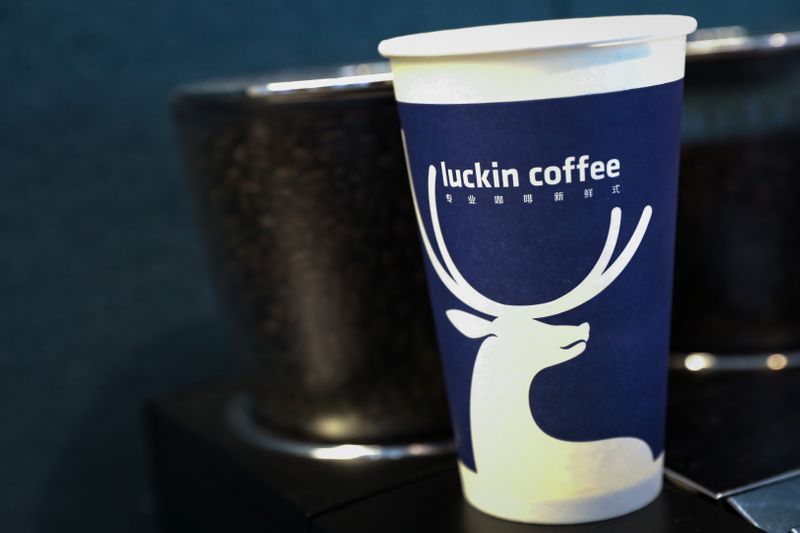 FILE PHOTO: A cup of 'Luckin Coffee,' coffee is displayed during the company's IPO at the Nasdaq Market site in New York