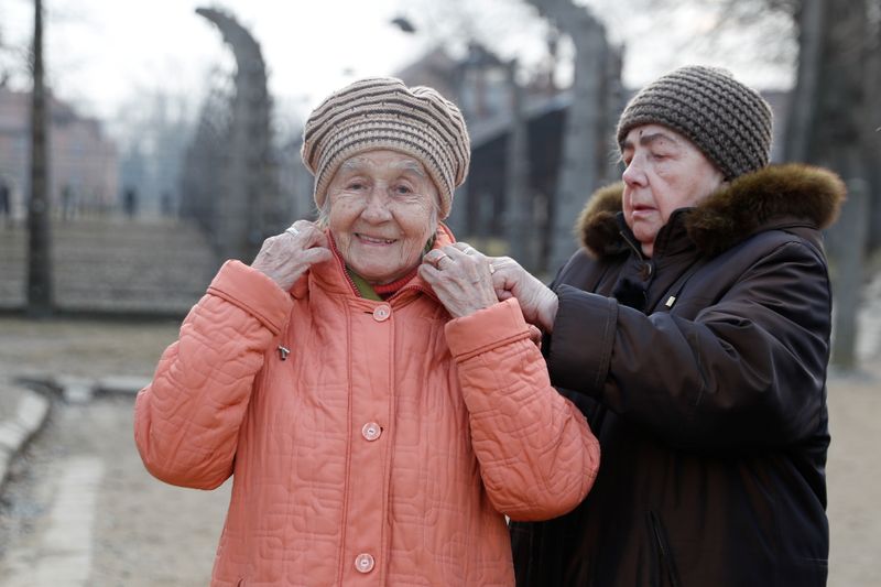 Auschwitz survivors Kseniia Olkhova and Lidia Turovskaya, visit the Auschwitz museum a day prior to the 75th anniversary of the liberation of Nazi German concentration and extermination camp, Auschwitz, in Oswiecim