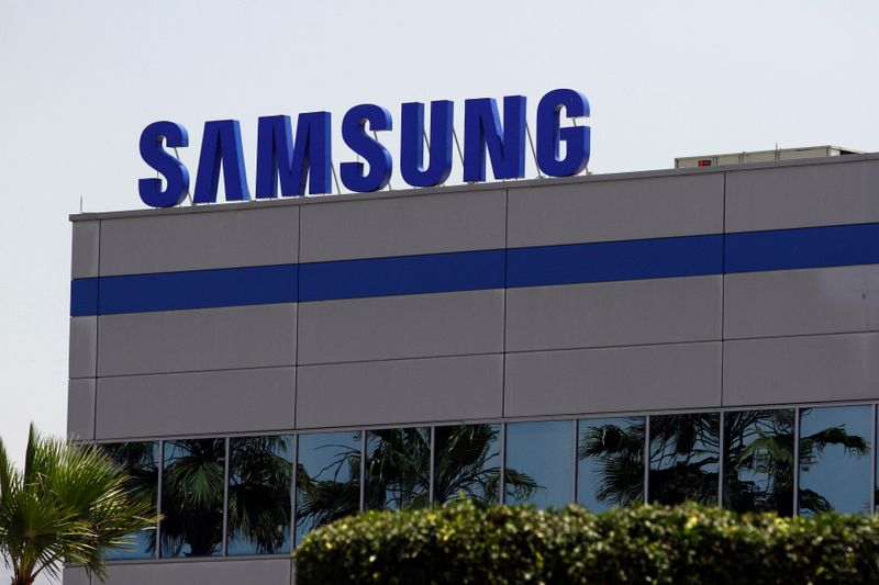 FILE PHOTO: The logo of Samsung Electronics is pictured at the company's factory in Tijuana