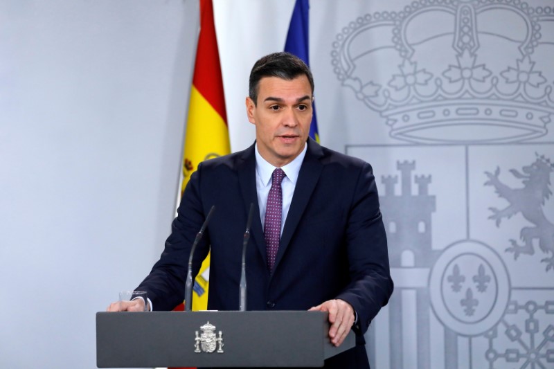 Spain's PM Sanchez attends a news conference after the first cabinet meeting at the Moncloa Palace in Madrid