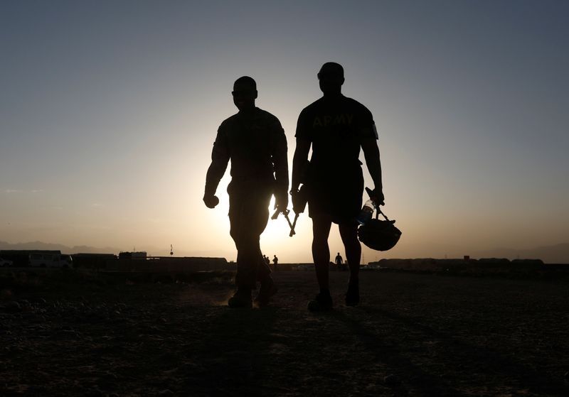 U.S troops walk at their base in Logar province