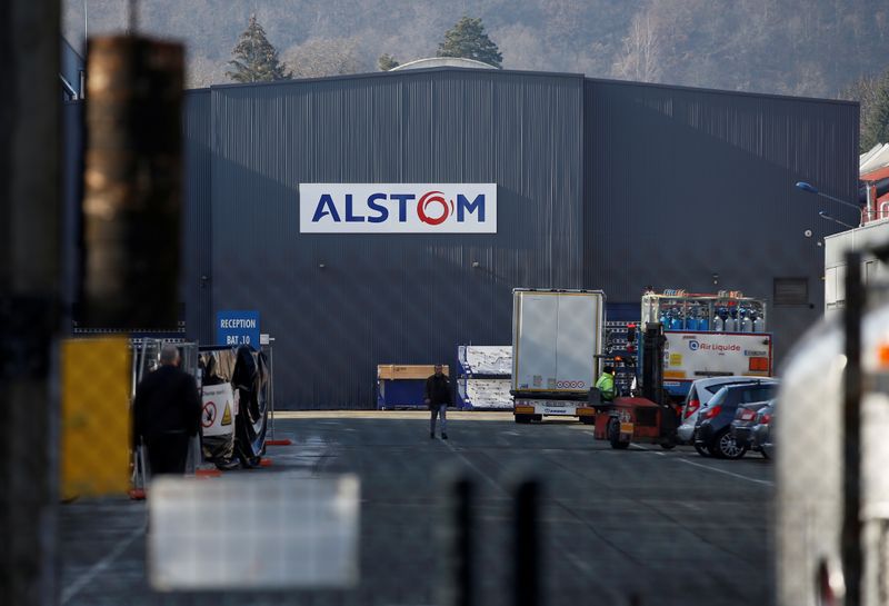 The logo of Alstom is seen on the company's TGV high-speed train factory in Belfort