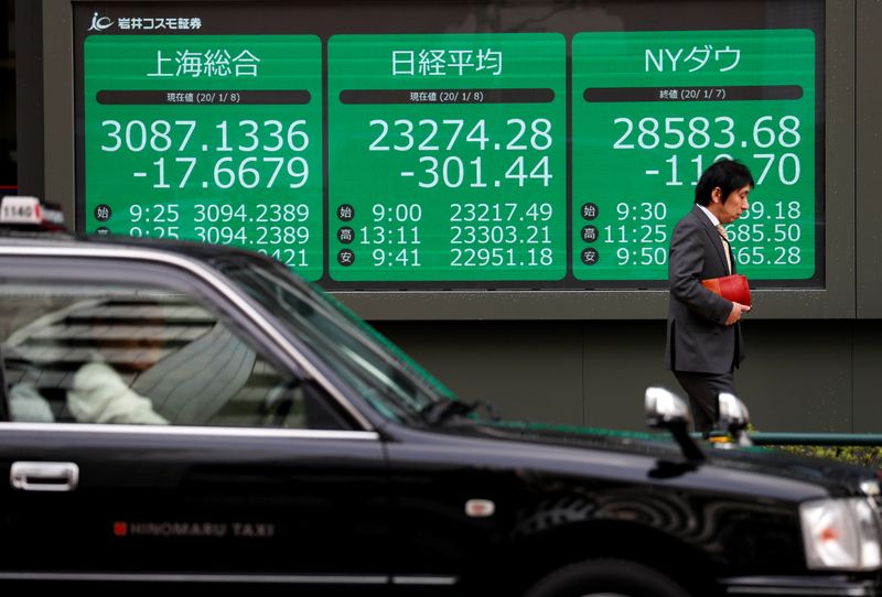 A man walks past an electronic display showing Asian markets indices outside a brokerage in Tokyo