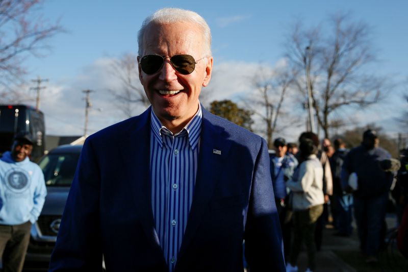 Democratic U.S. presidential candidate and former U.S. Vice President Joe Biden visits a polling site in Greenville