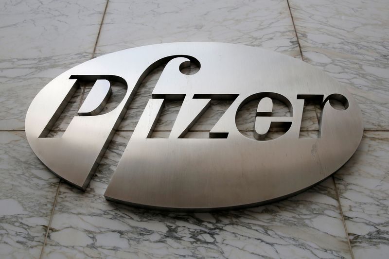 FILE PHOTO: The Pfizer logo is seen at their world headquarters in Manhattan, New York, U.S.