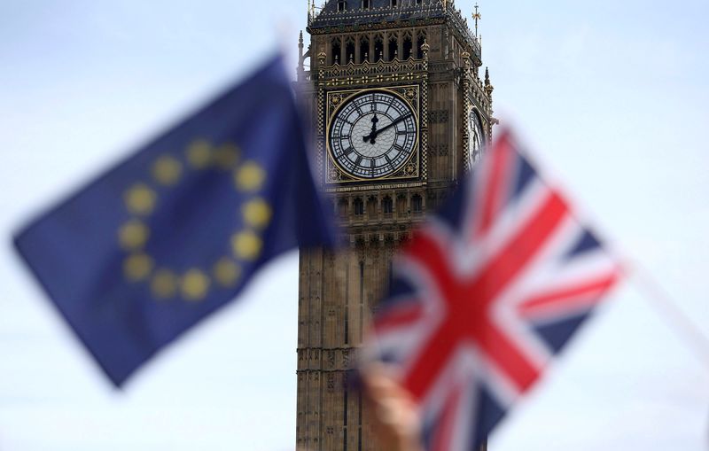FILE PHOTO: Participants hold a British Union flag and an EU flag during a pro-EU referendum event at Parliament Square in London