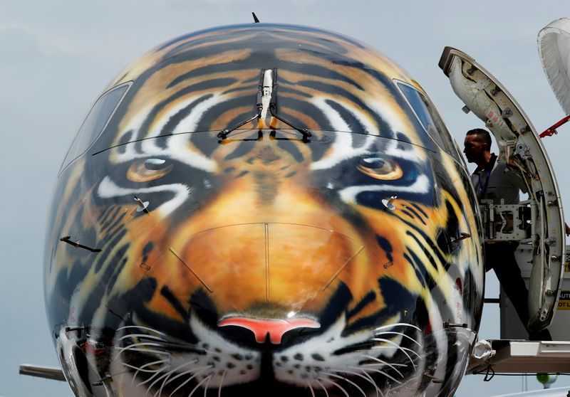 FILE PHOTO: Embraer E-190 E2 aircraft featuring a spray painted tiger's face is displayed during a media preview of the Singapore Airshow