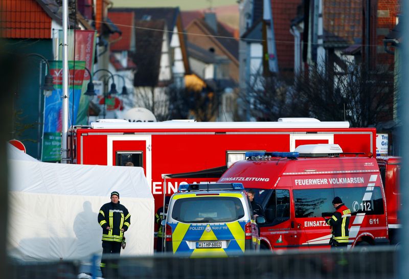 The area is secured by the firefighters and police the day after a car ploughed into a carnival parade injuring several people in Volkmarsen