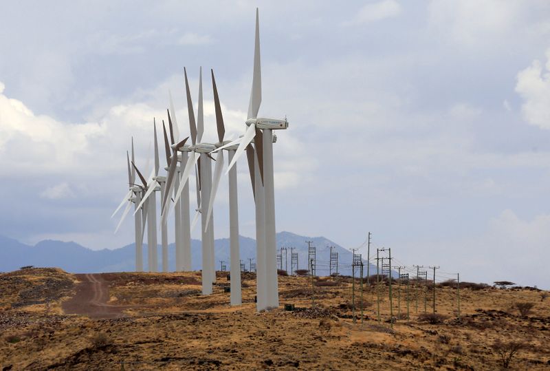 FILE PHOTO: Power-generating wind turbines are seen at the Lake Turkana Wind Power project in Loiyangalani district, Marsabit County