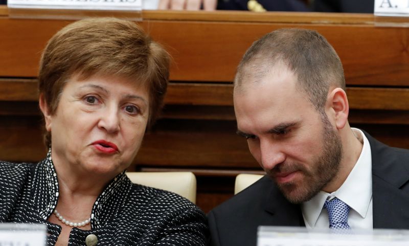 IMF Managing Director Kristalina Georgieva and Argentina's Economy Minister Martin Guzman attend a conference hosted by the Vatican on economic solidarity