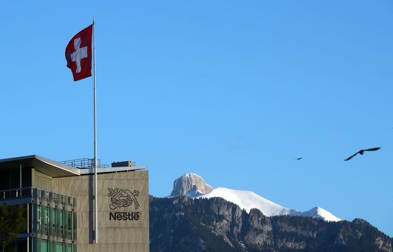 The logo is pictured on the headquarters of food giant Nestle in Vevey