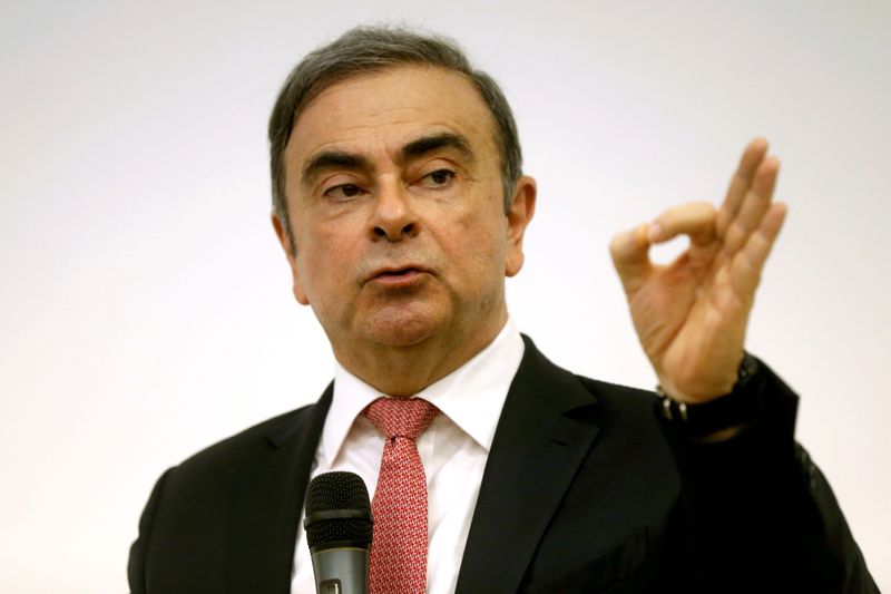 FILE PHOTO: Former Nissan chairman Carlos Ghosn gestures during a news conference at the Lebanese Press Syndicate in Beirut
