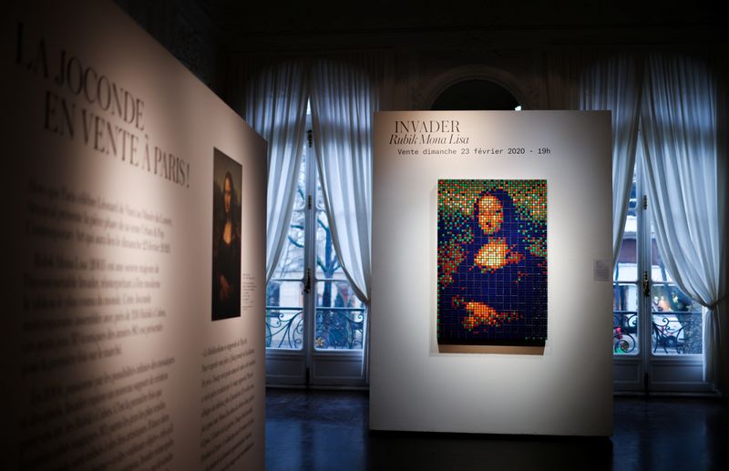 The Rubik Mona Lisa (2005) by French street artist Invader is displayed at ArtCurial in Paris