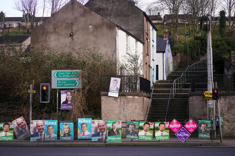 Election posters of candidates of various political parties are displayed during the build-up to Ireland's national election, in Cork