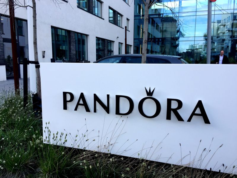 FILE PHOTO: A Pandora sign is seen at the company's headquarters in Copenhagen