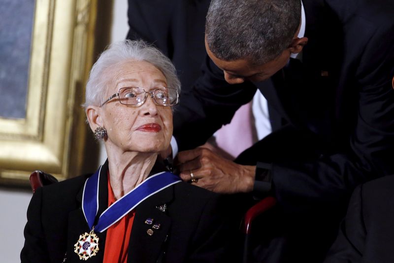 FILE PHOTO: U.S. President Barack Obama presents the Presidential Medal of Freedom to NASA mathematician Katherine G. Johnson during an event in the East Room of the White House in Washington