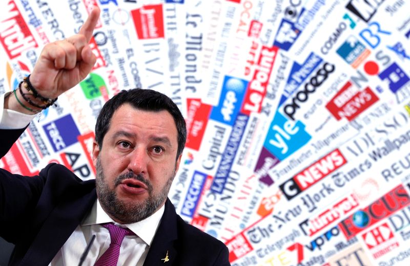 Leader of Italy's far-right party Matteo Salvini gestures during a news conference in Rome