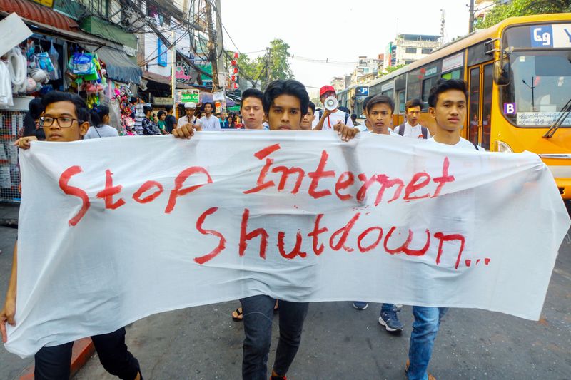 Protesters march against internet shutdown in Rakhine state in Yangon
