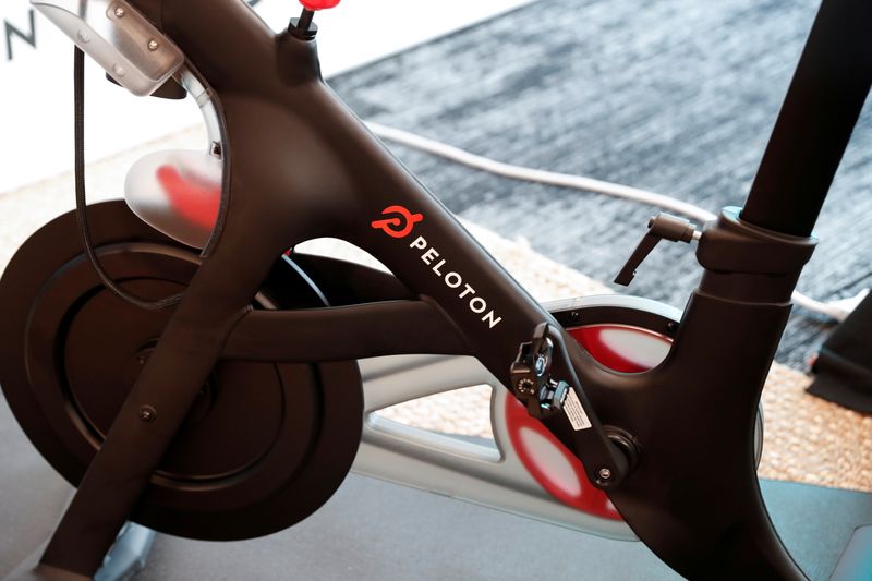 FILE PHOTO: A Peloton exercise bike is seen after the ringing of the opening bell for the company's IPO at the Nasdaq Market site in New York City