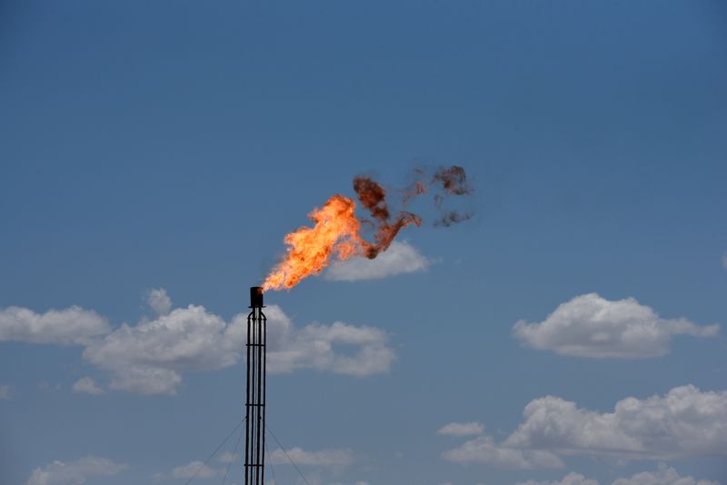 FILE PHOTO: A flare burns off excess gas from a gas plant in the Permian Basin oil production area near Wink