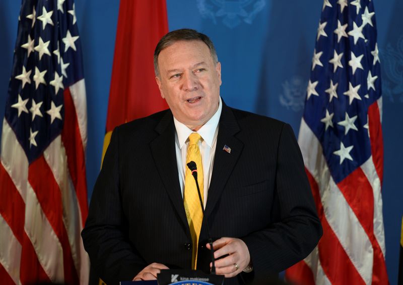 U.S. Secretary of State Mike Pompeo speaks at a business leaders reception at the Museu de Moeda in Luanda