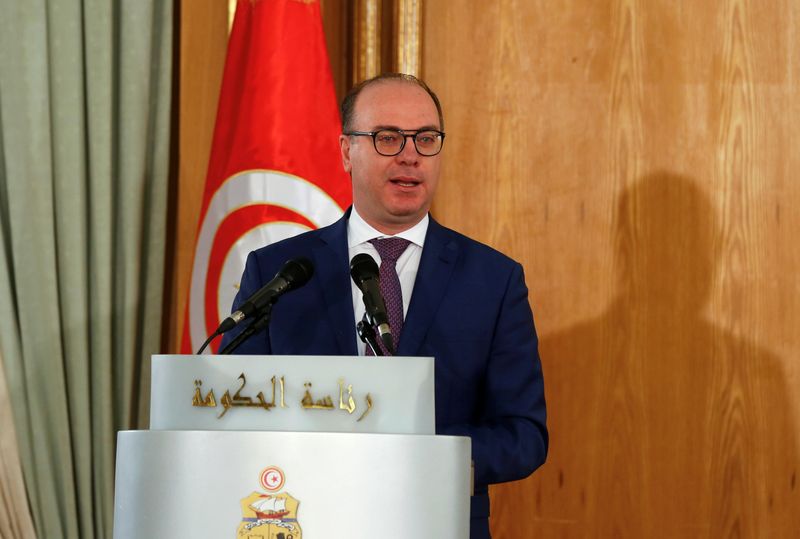 Tunisia's Prime Minister Elyes Fakhfakh speaks during a handover ceremony in Tunis