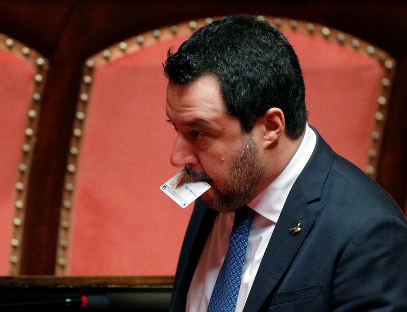 Leader of Italy's far-right party Matteo Salvini is seen at the Senate ahead of a vote on whether to pursue an investigation against him that could give rise to a trial for alleged kidnapping of migrants, in Rome