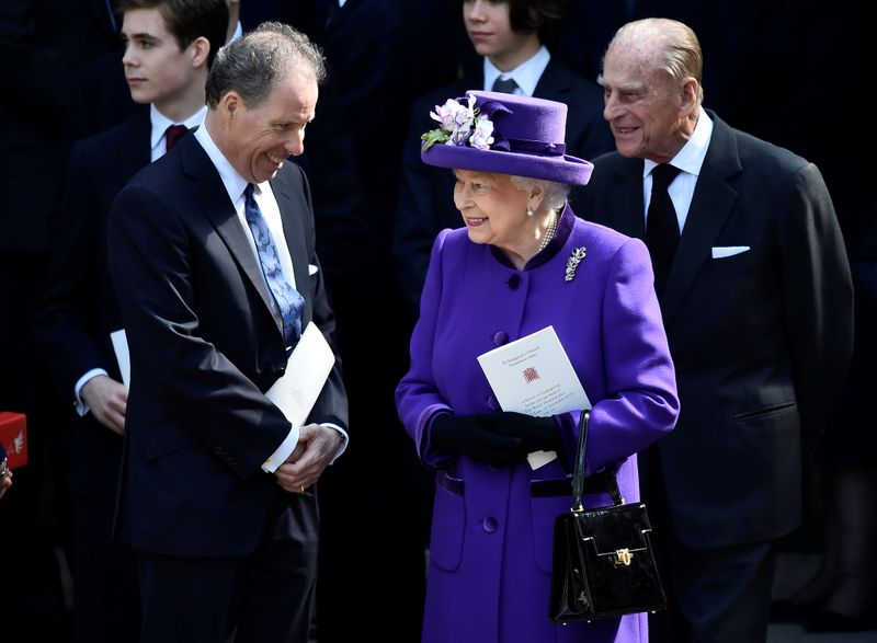 FILE PHOTO: David Armstrong-Jones speak to Britain's Queen Elizabeth and Prince Philip as they leave a Service of Thanksgiving for the life and work of Lord Snowdon at Westminster Abbey in London