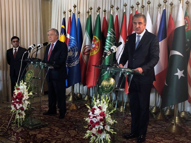 Pakistan's Foreign Minister Shah Mahmood Qureshi and United Nations Secretary-General Antonio Guterres address a joint news conference, in Islamabad