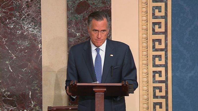 U.S. Senator Romney announces voting intentions in Trump impeachment trial during Senate debate at the U.S. Capitol in Washington