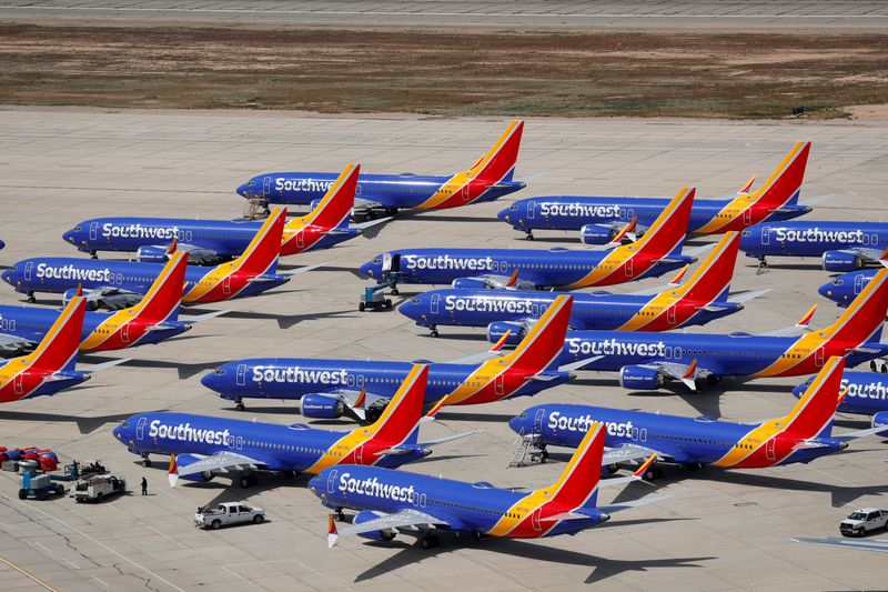 FILE PHOTO: FILE PHOTO: A number of grounded Southwest Airlines Boeing 737 MAX 8 aircraft are shown parked at Victorville Airport in Victorville, California