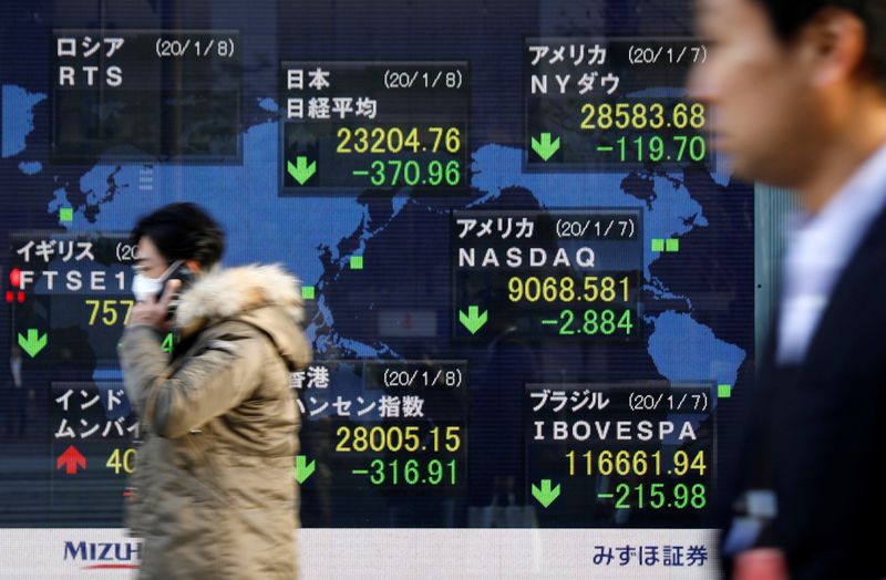 People walk past an electronic display showing world markets indices outside a brokerage in Tokyo