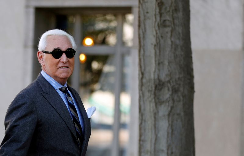 FILE PHOTO: Roger Stone, former campaign adviser to U.S. President Donald Trump, arrives for the continuation of his criminal trial on charges of lying to Congress, obstructing justice and witness tampering at U.S. District Court
