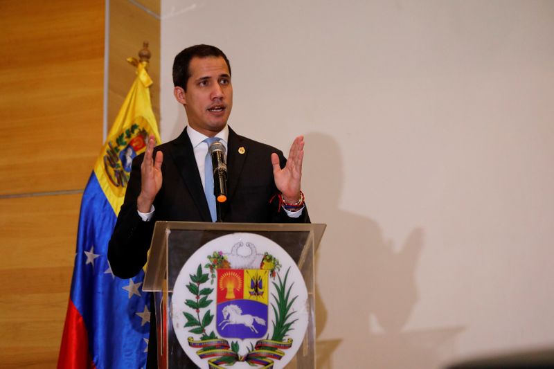 Venezuelan opposition leader Juan Guaido, who many nations have recognised as the country's rightful interim ruler, speaks during a news conference in Caracas