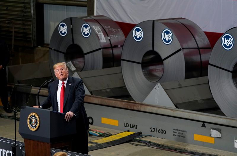 U.S. President Trump speaks about trade at the Granite City Works steel coil warehouse in Granite City, Illinois